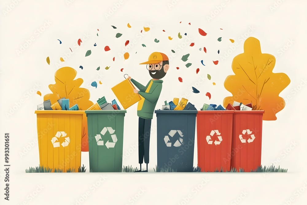 Aufkleber cheerful character sorting recyclables into colored bins with eco friendly approach