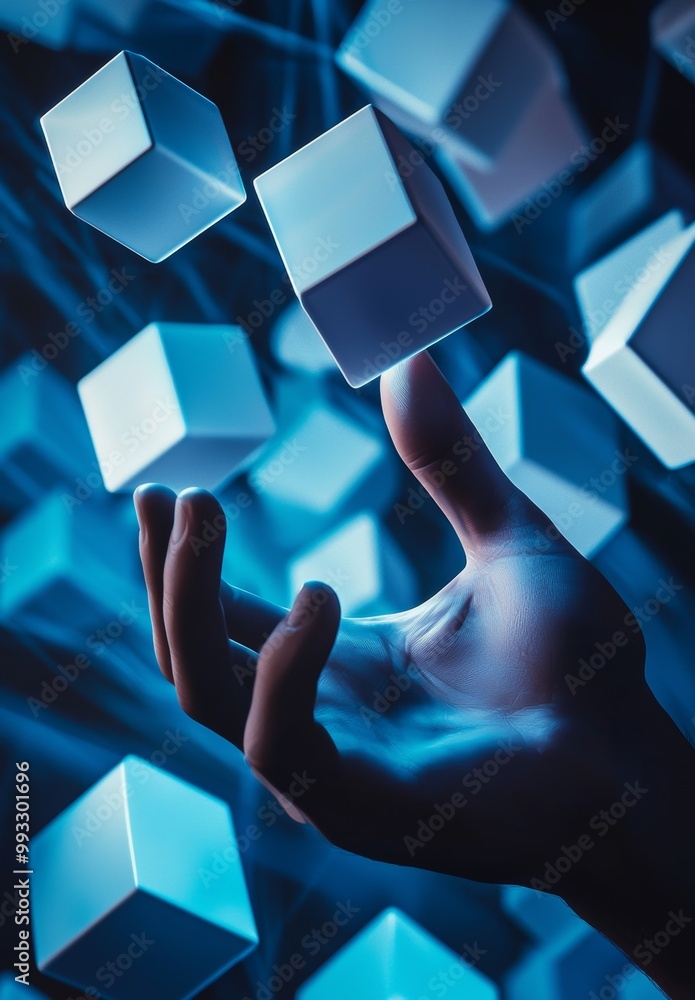 Poster the 3d rendering shows a woman touching a floating blue shiny cube network