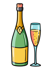 A bottle of champagne and a glass of champagne hand-painted