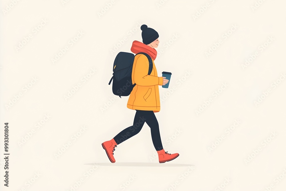 Aufkleber of a flat style character carrying a reusable cup while walking in an urban setting