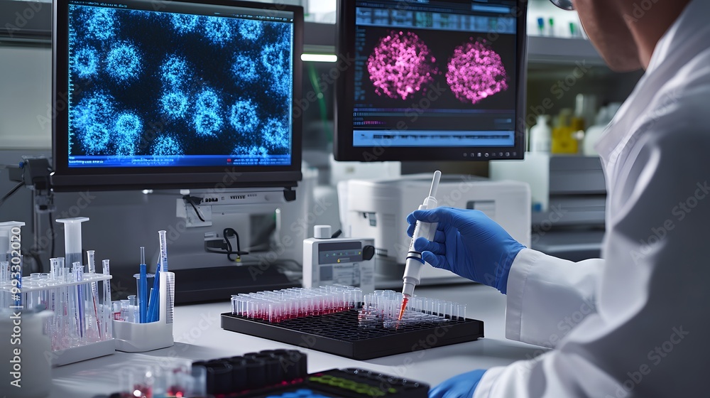 Poster scientist working with pipette and test tubes in a laboratory