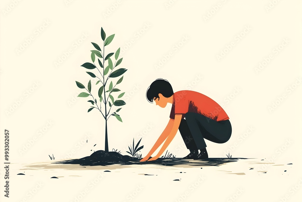 Poster flat character planting a tree in a three color palette