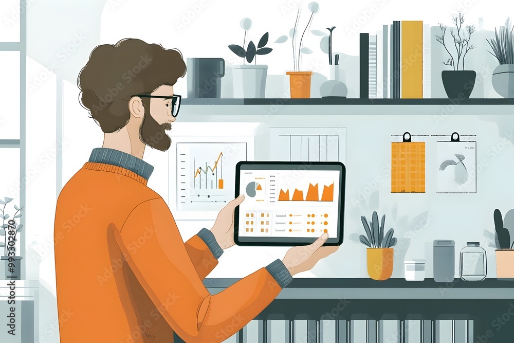 Aufkleber flat design man analyzing energy usage data on digital tablet in home office