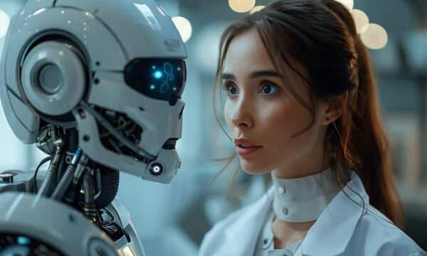 Female Scientist Interacting with Futuristic Humanoid Robot in Modern Laboratory