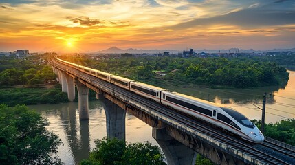 Obraz premium High-Speed Train Passing Over Bridge at Sunset