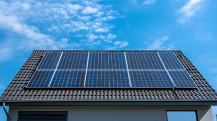 Fototapeta premium Photovoltaic solar panels installed on the roof of a private house to produce clean, ecological electricity on a sunny summer day