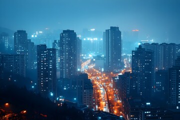 Obraz premium Busy City Skyline Illuminated by Energy Efficient Streetlights at Night Showcasing Urban