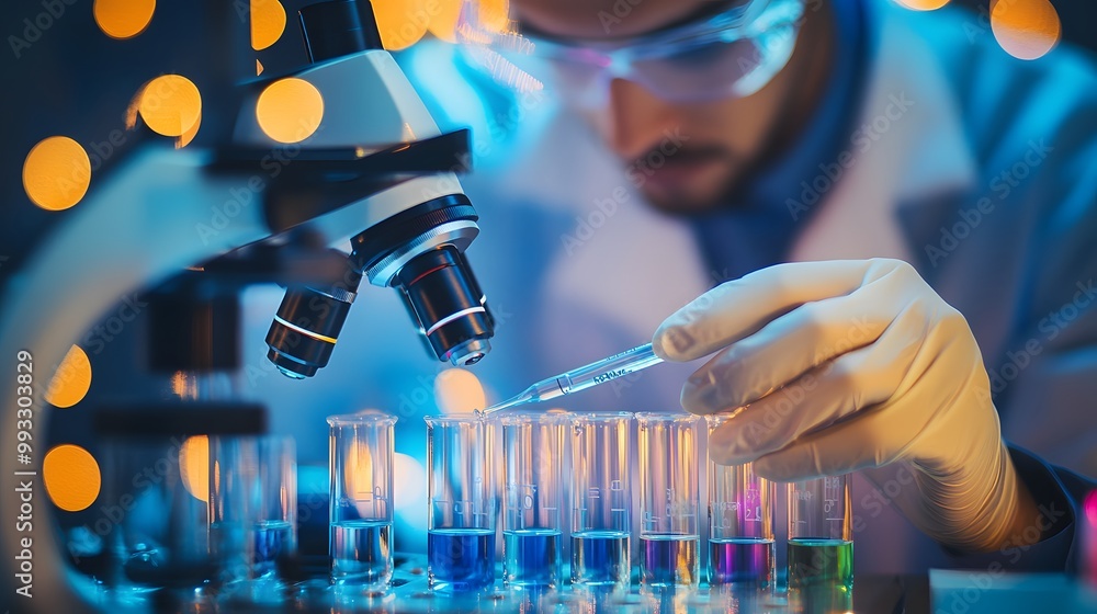 Poster scientist using pipette to analyze liquid samples under microscope