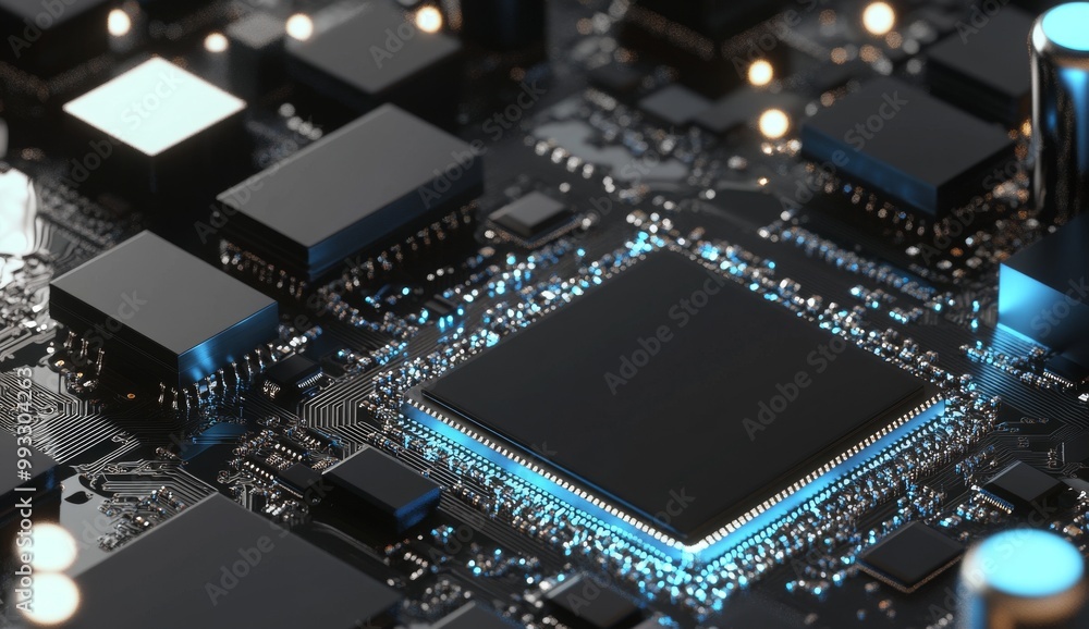 Aufkleber electronic circuit with glowing signals and microchips in 3d.