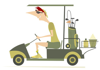 Young man on the golf cart car goes to play golf. 
Smiling man going to play golf in the golf cart. On white background
