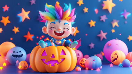 Fototapeta premium Cute 3D vampire with rainbow-colored hair and a playful grin, sitting on a pastel pumpkin, surrounded by sparkling stars and Halloween icons.