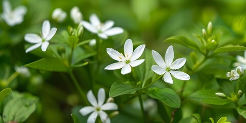 Close up of Mountain sandwort, Arenaria montana. Alpine plant with a mass of small white flowers in spring.

