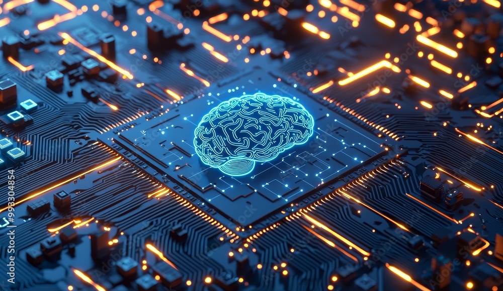 Poster circuit diagram of a stock electronic component. illustration of a glowing brain on a microchip.