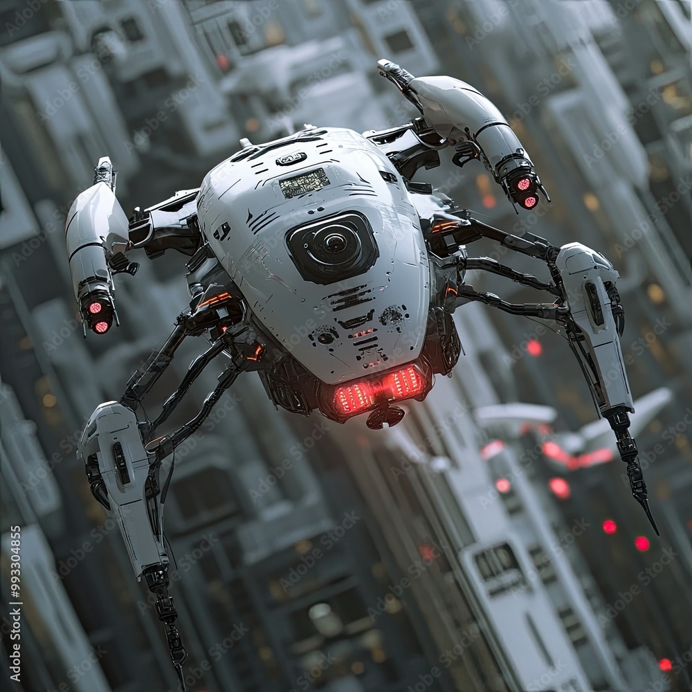 Poster 3d rendering of a futuristic robotic drone scanning an environment, representing modern surveillance