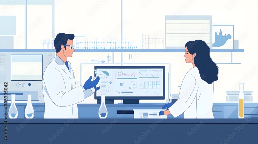Poster two scientists in a laboratory analyzing data on a computer screen