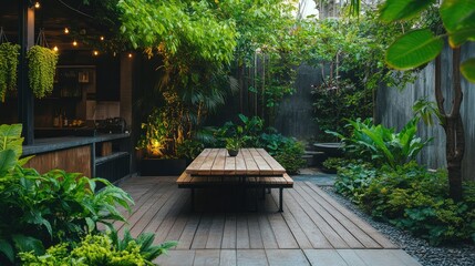 Obraz premium A backyard garden with lush greenery and an empty wooden table, ready for outdoor entertaining and dining