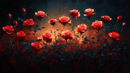 Beautiful Red Roses in a Mystical Garden Generative AI