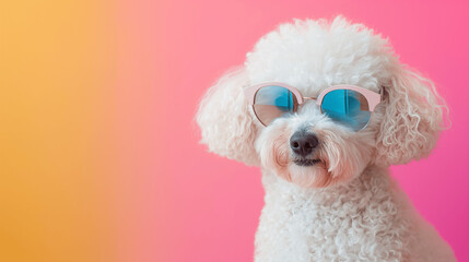 Banner with Fluffy white dog wearing sunglasses against colorful gradient background