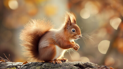 Obraz premium Red squirrel sitting on a log in an autumn forest with soft golden light