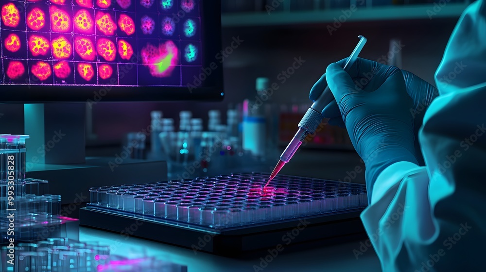 Poster scientist using pipette to dispense liquid into a multi-well plate in a laboratory setting