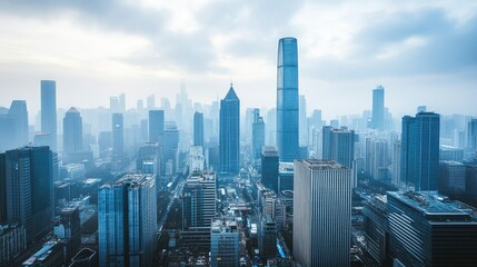 A bird's-eye view of a busy corporate cityscape with skyscrapers and modern architectural designs.