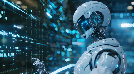 Futuristic Robot in Cityscape with Digital Background