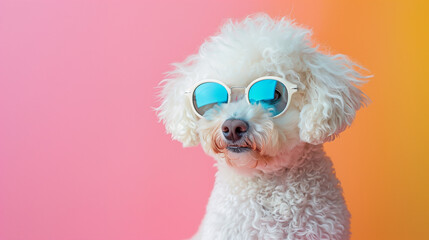 Banner with Fluffy white dog wearing sunglasses against colorful gradient background