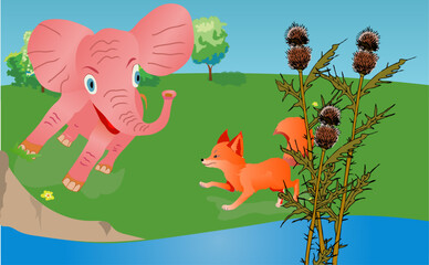 Cute baby elephant and fox on a field with a thistle in foreground. Vector illustration.