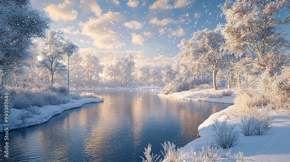 Canvas Prints Winter Wonderland: Serene Snowfall Over a Frozen Lake