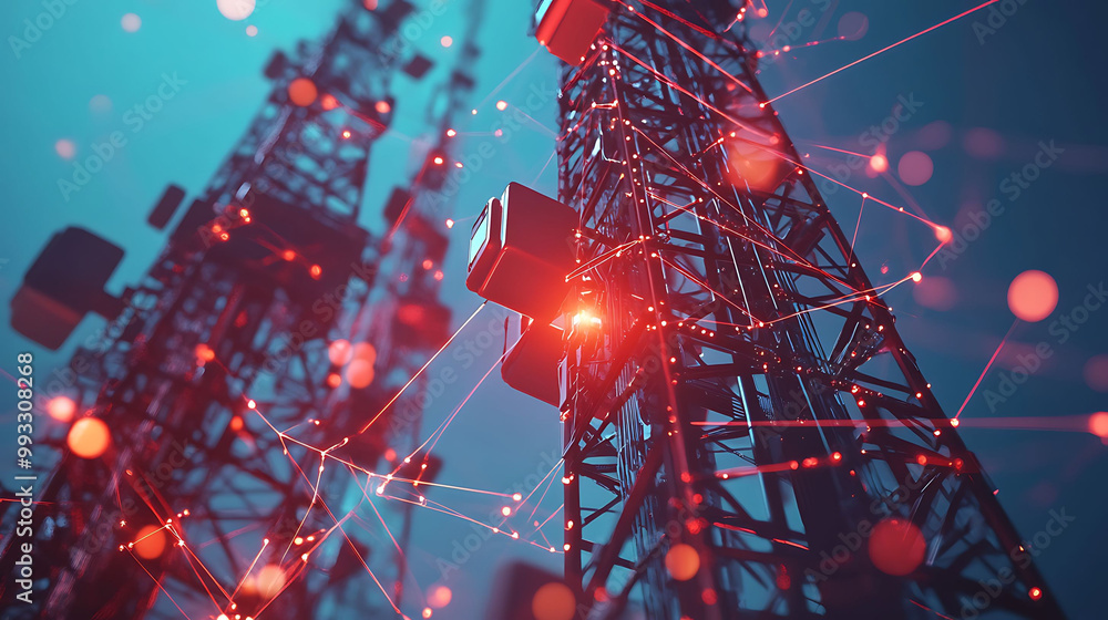 Poster two telecommunication towers with red glowing lights and a network of red lines connecting them agai
