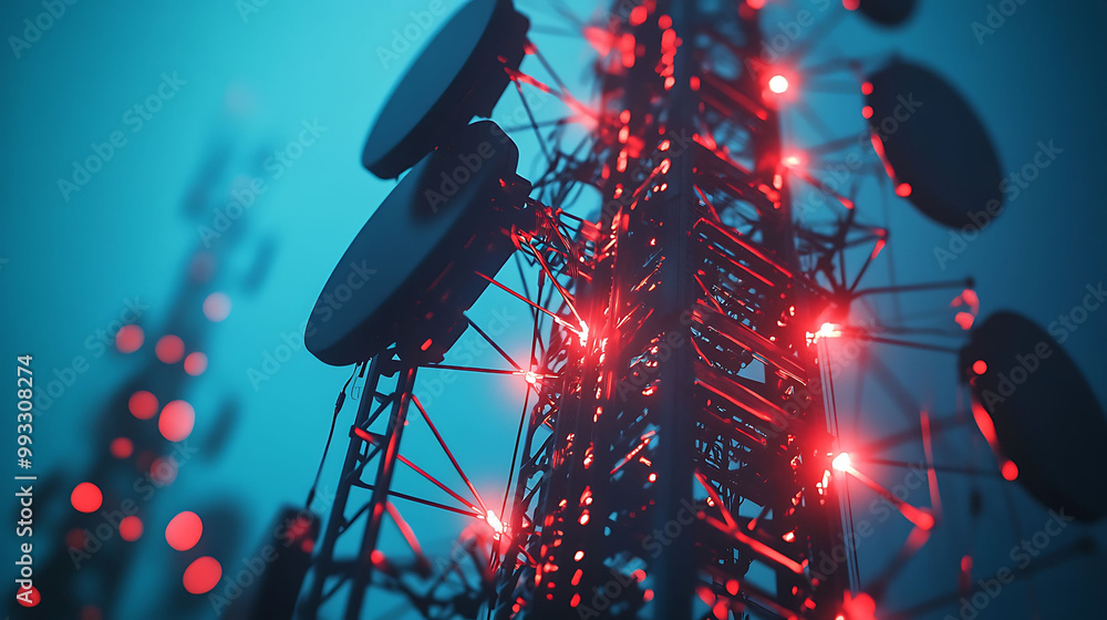 Poster a close-up view of a tall communication tower with red lights illuminating the structure.