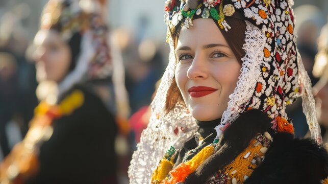 Celebrating Kurentovanje: Slovenian Woman in Traditional Kurent Costume at Festive Winter Parade