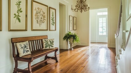 Welcoming farmhouse foyer with hardwood floors