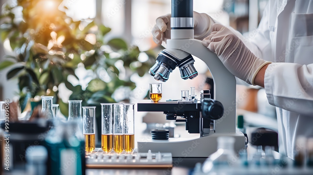 Poster scientist adjusting microscope with glassware in lab