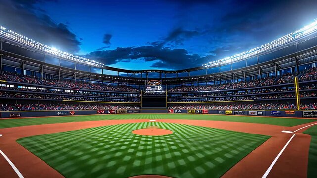 Empty baseball stadium under bright lights during twilight, showcasing sports venue, competition, and the excitement of professional baseball games.


