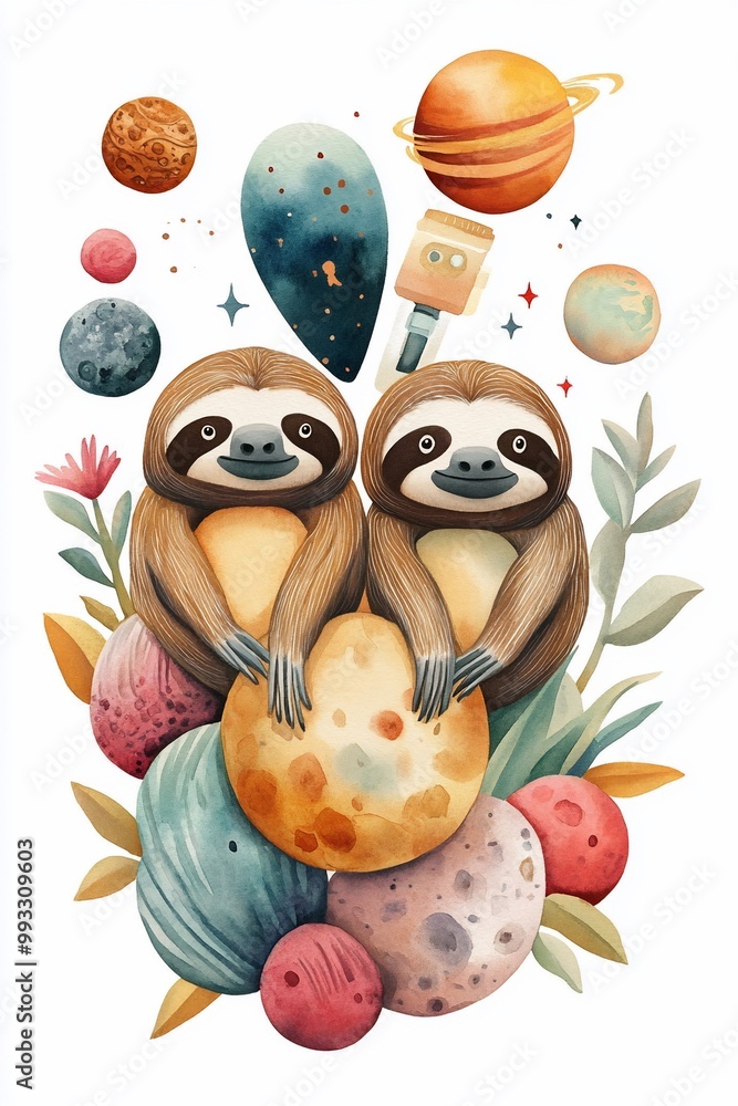 Wall mural Cute Sloths in Space Watercolor Illustration.