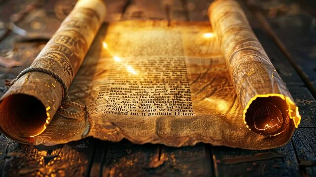 Two ancient scrolls lay open on a wooden surface, their pages illuminated with a warm, golden light