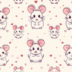 Cute seamless pattern featuring mouse and hearts with flowers, perfect for holiday decorations and cards