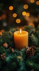 Advent wreath with one lit candle surrounded by Christmas decor and evergreen branches