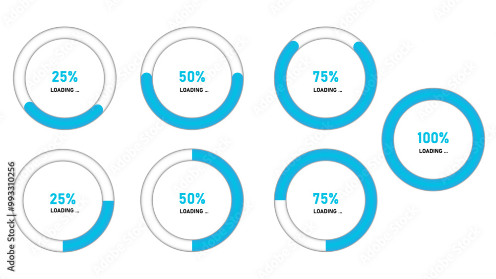 Poster Updating process with loading bar. Circle diagrams with percentage of load. System software update and upgrade concept. Vector illustration.