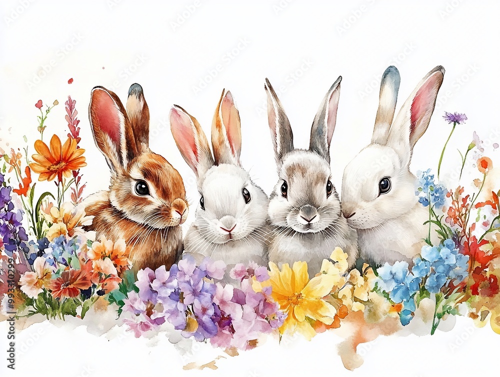 Poster Four Cute Bunnies in a Flower Garden Watercolor Illustration.