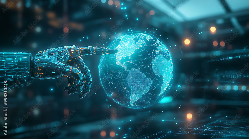 Poster a robotic hand points at a digital globe, representing global connectivity and technological advance