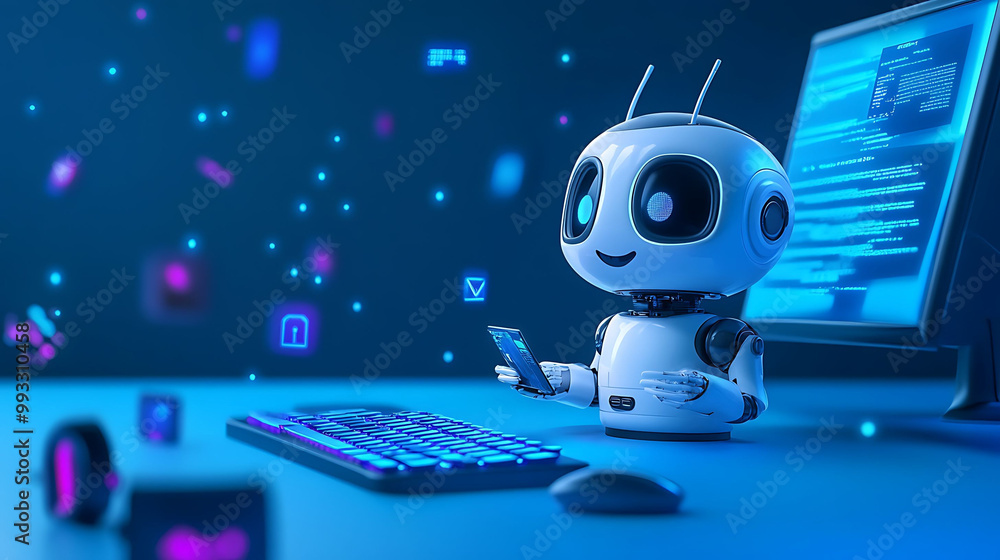 Aufkleber a friendly, white robot sits at a computer desk, using a smartphone and looking at a computer screen