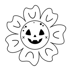 Retro Halloween flower clipart. Black and white groovy Halloween object . Hand drawn vector illustration in flat style.