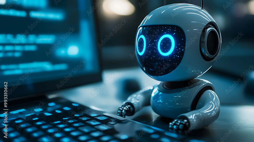 Aufkleber a white robot with blue glowing eyes sits in front of a laptop with code visible on the screen.