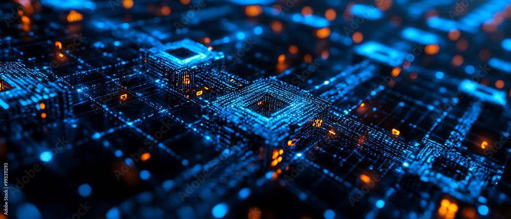 Poster abstract 3d render of a complex circuit board with glowing blue and orange lights.