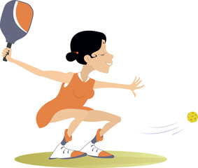 Smiling young woman playing pickleball. 
Pretty young woman plays pickleball
