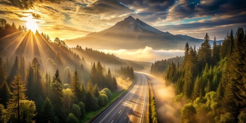 Misty mountain towers above a straight highway that cuts through the dense forest with sunbeams filtering through the trees under a warm golden light.