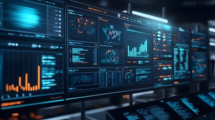 Obraz premium Multiple Computer Screens Displaying Data and Graphs