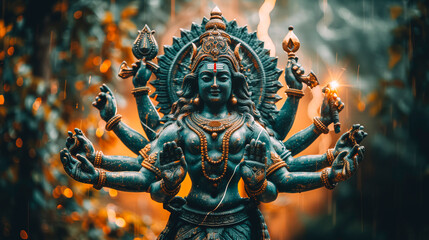 Fototapeta premium Majestic Hindu Goddess Durga Idol in Ethereal Light